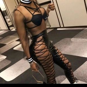 Sexy Black Patent Leather Lace Up Pants